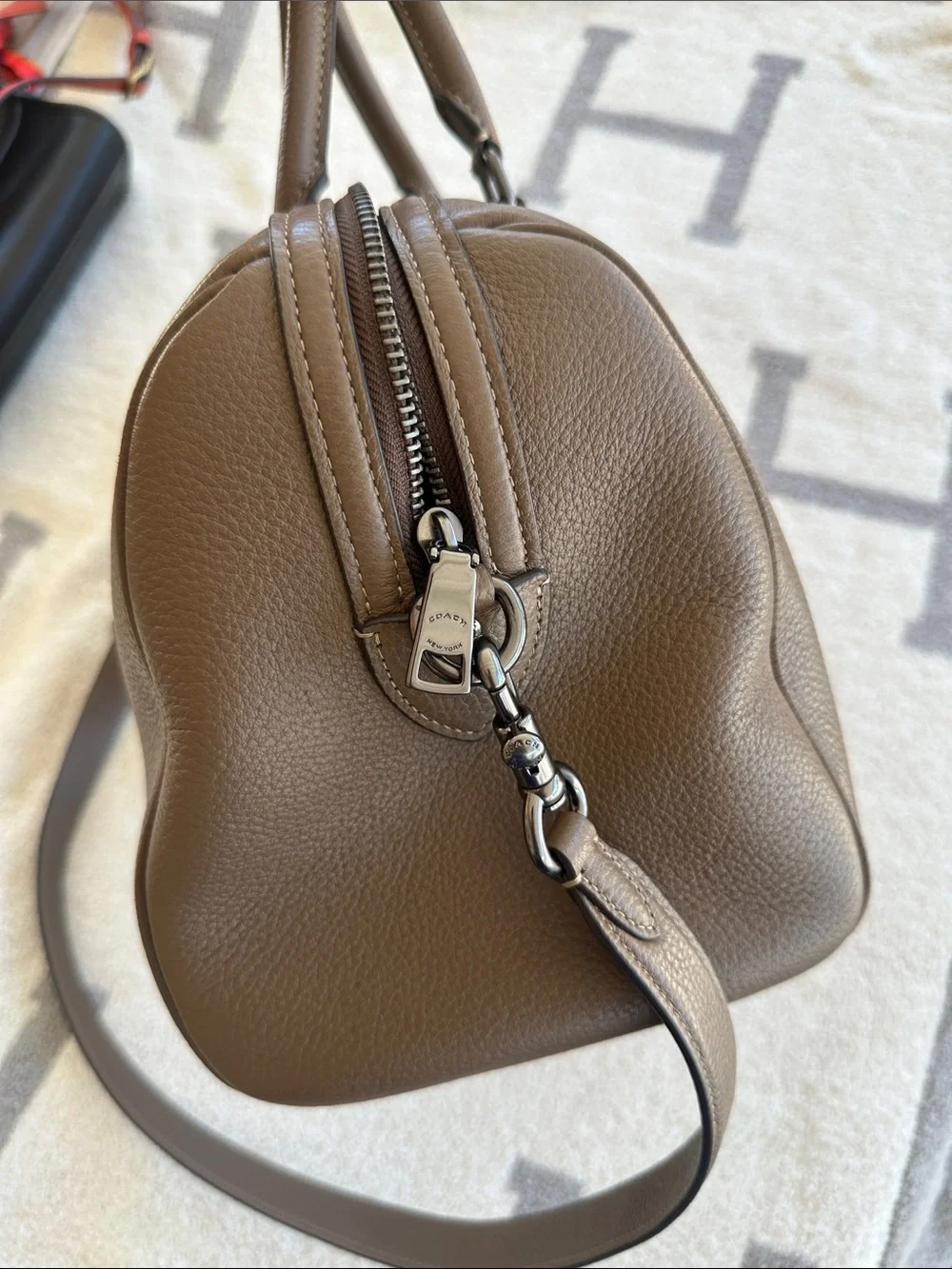Coach Taupe Leather Messenger Satchel with Adjustable Strap